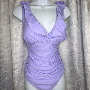 Shade & Shore Lavender One Piece Swimsuit Ruffle V Neck Ruched Size 14